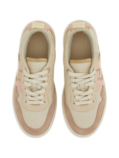 Ferragamo Gancini Leather Sneakers Featuring Suede Paneling