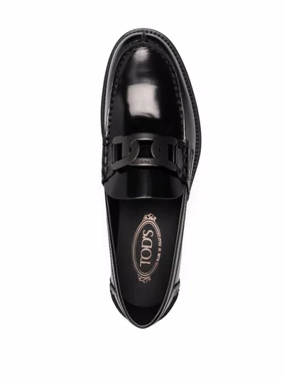 Tod's Polished Block Heel Loafers With Penny Slot In Black
