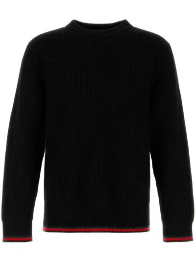 Gucci Black Crewneck Sweater With Web Detail In Ribbed Wool Blend Man In Black