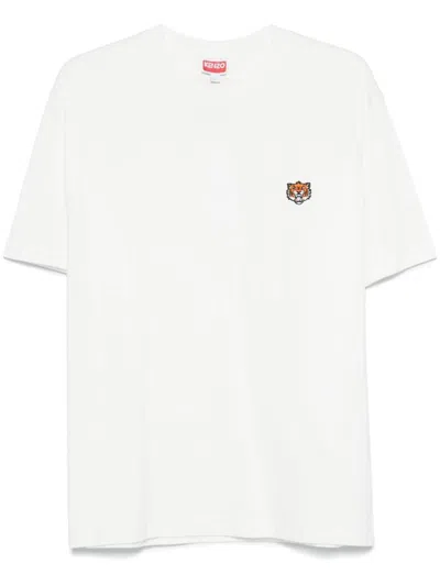 Kenzo White Crewneck T-shirt With Logo Patch On The Front In Cotton Man