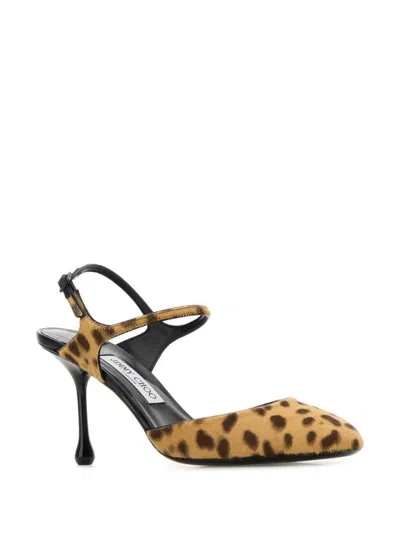 Jimmy Choo 'pixie' Brown Pumps With High Sculpted Heel And All-over Leopard Print