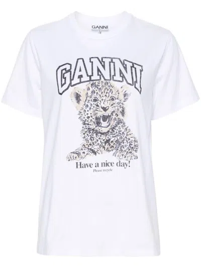 Ganni White T-shirt With Print And Logo Lettering On The Front In Cotton Woman
