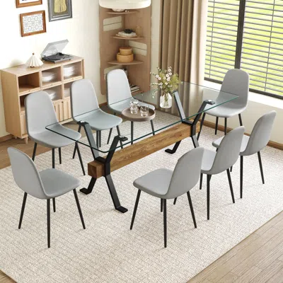 Streamdale Furniture Streamdale 8 Gray Linen Chairs & Wood Grain Table Set