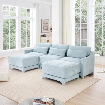 Streamdale Furniture Streamdale Chenille 3-seater Sofa With Ottomans & Pillow - Sky Blue