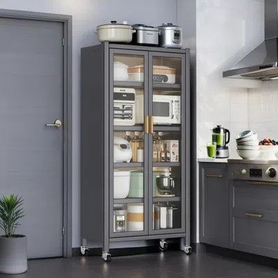 Streamdale Furniture Streamdale 65" Kitchen Pantry Cabinet With Transparent Door & Wheels, Gray