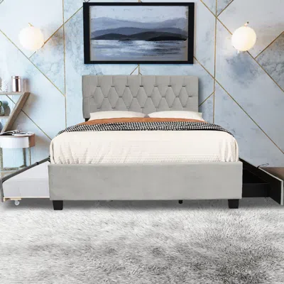 Streamdale Furniture Streamdale Gray Queen Size Trundle Pull Out Drawers Storage Upholstered Bed Modern Design No Box Spr