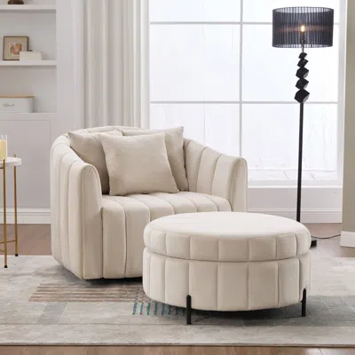 Streamdale Furniture Streamdale Oversized Swivel Velvet Barrel Chair With Ottoman & Pillows - Beige
