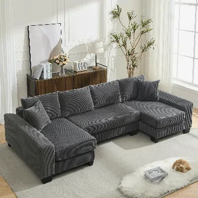 Streamdale Furniture Streamdale 114" U-shaped Sleeper Sofa Bed - Dark Gray Corduroy