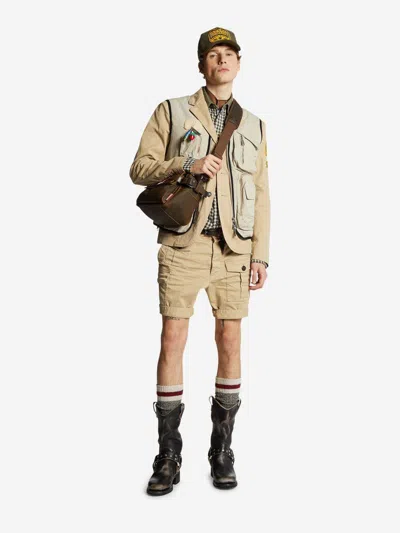 Dsquared2 Men Beige Bermuda With Asymmetric Cargo Pockets And Belt Loops In Cotton Man In Neutral