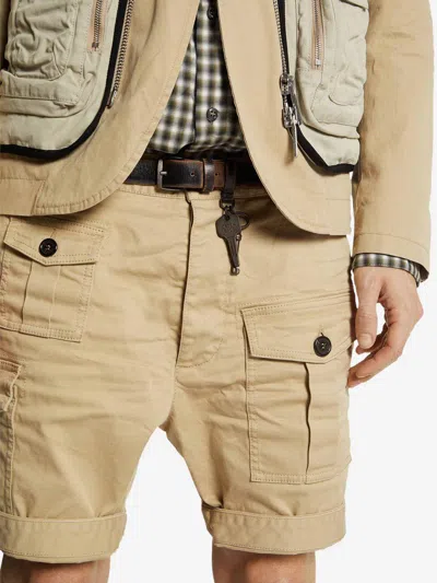 Dsquared2 Men Beige Bermuda With Asymmetric Cargo Pockets And Belt Loops In Cotton Man In Neutral