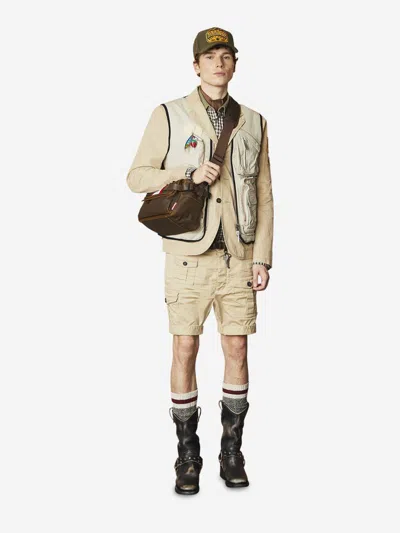 Dsquared2 Men Beige Bermuda With Asymmetric Cargo Pockets And Belt Loops In Cotton Man In Neutral