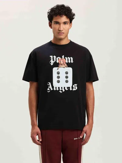 Palm Angels Black T-shirt With Front Dice And Logo Print