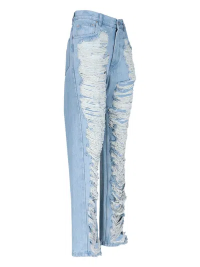 Mm6 Maison Margiela Mm6 By Maison Margiela Distressed Straight Leg Denim Jeans With White Stitching In Blue