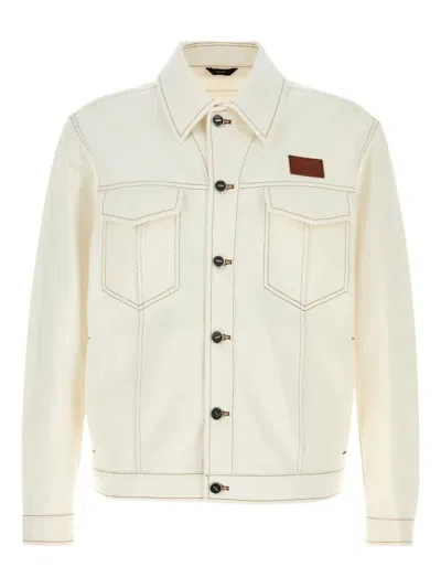 Fendi Denim Jacket With Adjustable Hem And Chest Pockets In Neutral