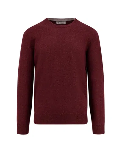 Brunello Cucinelli Cashmere Crew-neck Sweater Ribbed Profiles In Burgundy