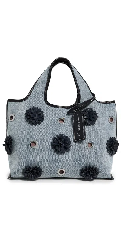 3.1 Phillip Lim Denim Mini Market Tote With Leather Flowers Washed Indigo