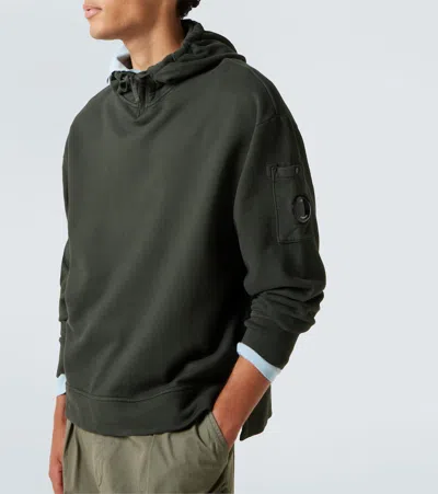 C.p. Company Lens Cotton Fleece Hoodie In Green