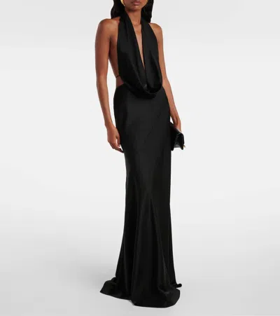Alex Perry Satin Plunge Halter Gown In Black