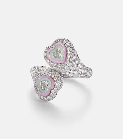 Kamyen Gemini Heart 18kt White Gold And Enamel Ring With Diamonds
