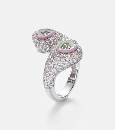 Kamyen Gemini Heart 18kt White Gold And Enamel Ring With Diamonds