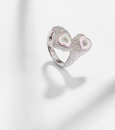 Kamyen Gemini Heart 18kt White Gold And Enamel Ring With Diamonds