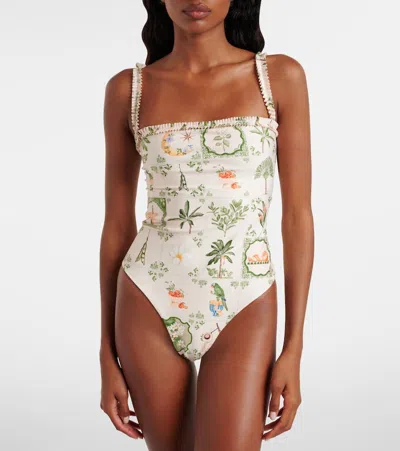 Agua By Agua Bendita Limón Printed Ruffled Swimsuit