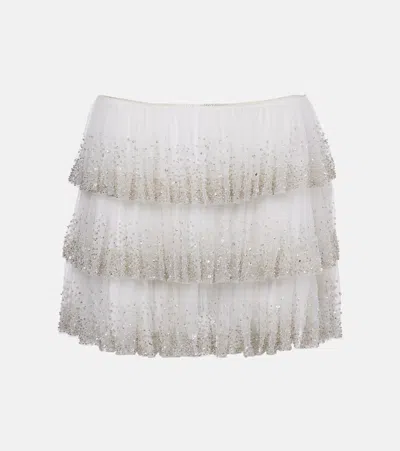 Clio Peppiatt Evie Beaded Tiered Tulle Miniskirt In White