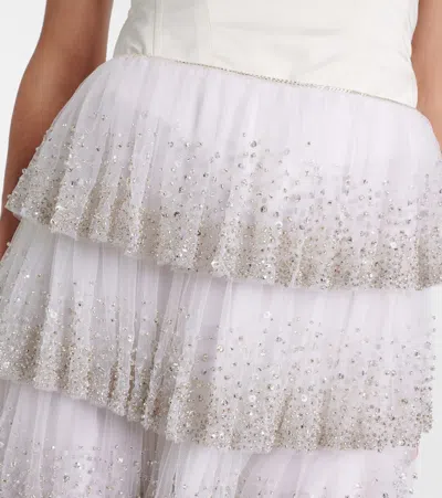 Clio Peppiatt Evie Beaded Tiered Tulle Miniskirt In White