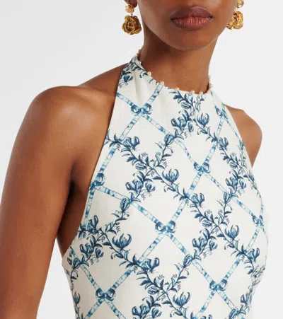 Agua By Agua Bendita Balsa Faux Pearl-embellished Printed Linen Halterneck Midi Dress