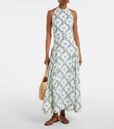 Agua By Agua Bendita Balsa Faux Pearl-embellished Printed Linen Halterneck Midi Dress