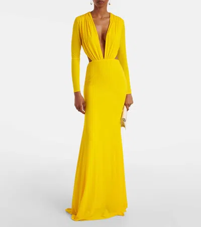 Alex Perry Ruched Open-back Crêpe Jersey Gown In Yellow