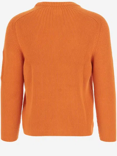 C.p. Company Contemporary Cotton Blend Sweatshirt With Ribbed Knitting And Logo Detail In Orange