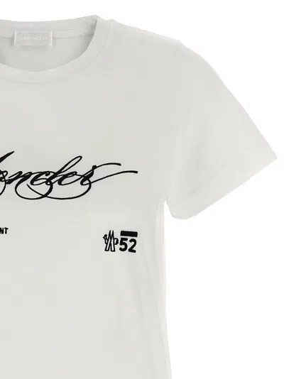 Moncler Cotton T Shirt With Embroidered Cursive Logo In White