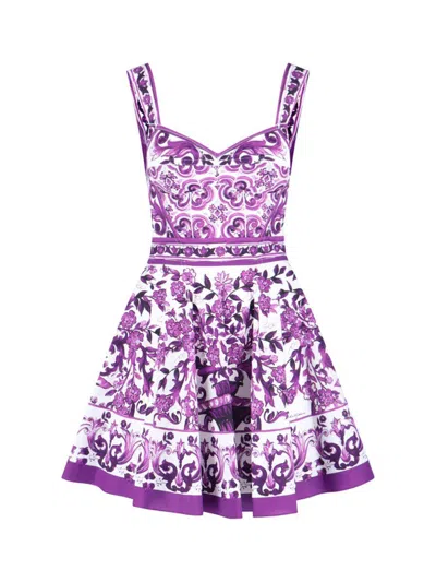 Dolce & Gabbana Violet Dress With Thin Straps And All-over Floral Motif In Cotton Blend Woman In Purple