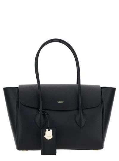 Ferragamo Black Tote Bag With Logo And Plaque Detail