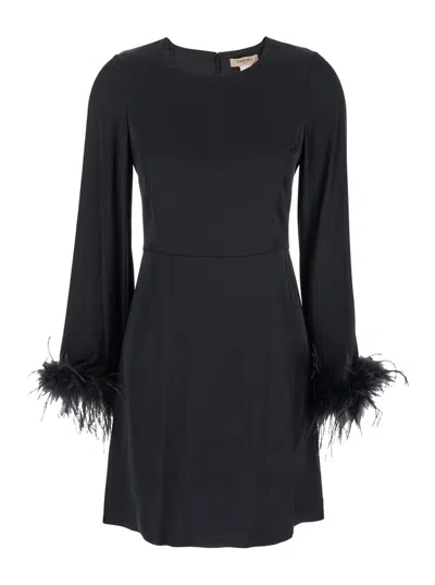Twinset Black Crewneck Dress With Feathered Cuffs In Viscose Woman In Black