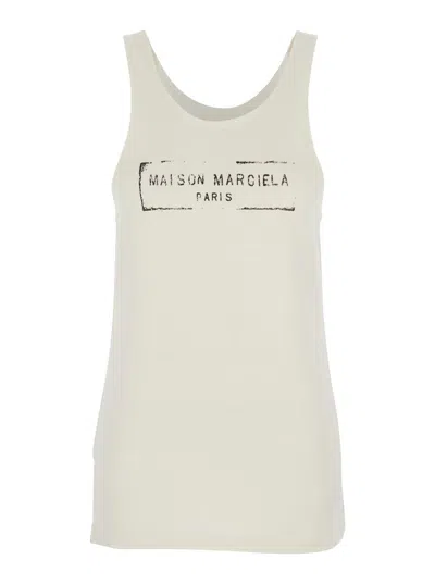 Maison Margiela Beige Top With Wide Neckline And Logo Printed On The Front In Viscose And Cotton Blend Woman