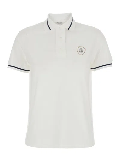 Brunello Cucinelli White Polo Shirt With Logo Printed On The Front In Cotton Jersey Woman