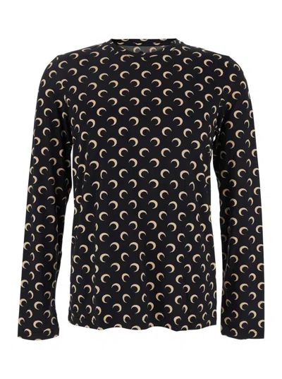 Marine Serre Black Crewneck Top With All-over Moon Print In Tech Fabric Stretch Woman