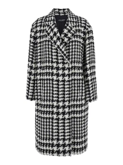 Dolce & Gabbana Black And White Coat With All-over Check Motiv In Wool Blend Woman