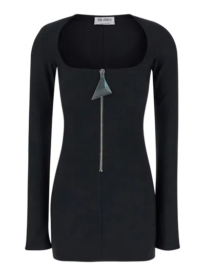 Attico Mini Black Dress With Branded Zip Puller In Tech Fabric Woman