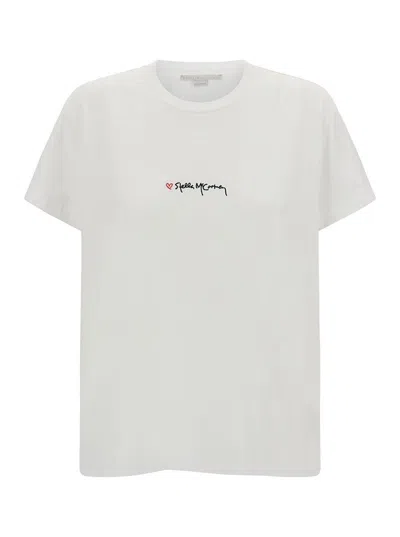 Stella Mccartney White Crewneck T-shirt With Embroidered Logo At The Front In Cotton Woman