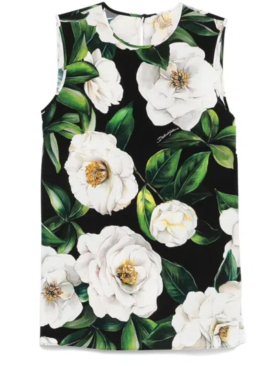 Dolce & Gabbana Gardenia Print Stretch Silk Charmeuse Sleeveless Top In Green