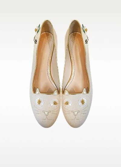 Charlotte Olympia Floral Natural Linen Kitty Flats