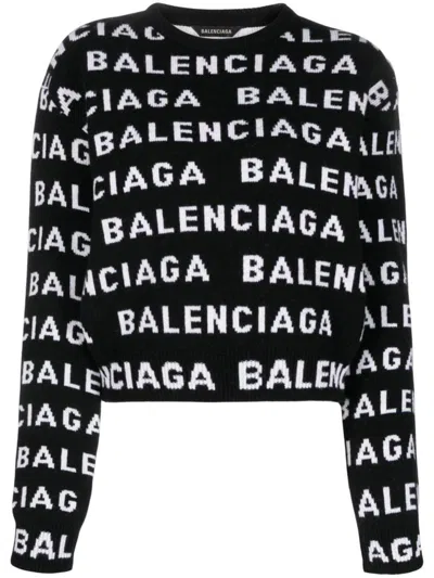 Balenciaga Women Allover Logo Wool Cropped Sweater In Multi