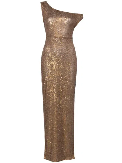 Norma Kamali Metallic One-shoulder Long Dress With Sequin Decorations In Tech Fabric Woman In Brown