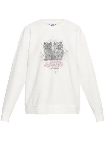 Ganni Off-white Isoli Kittens Drop Shoulder Sweatshirt In White