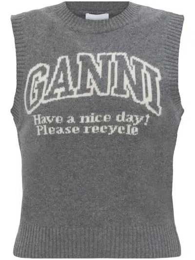 Ganni Knitted Vest With Logo In Gray