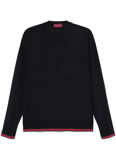Gucci Long-sleeve Black Crewneck Sweater With Ribbed Details In Black