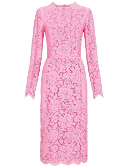 Dolce & Gabbana Midi Dress In Floral Cordonnet Lace In Pink